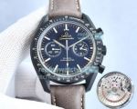 Swiss Replica Omega Speedmaster Watch D-Blue Dial Black Bezel Brown Leather Strap